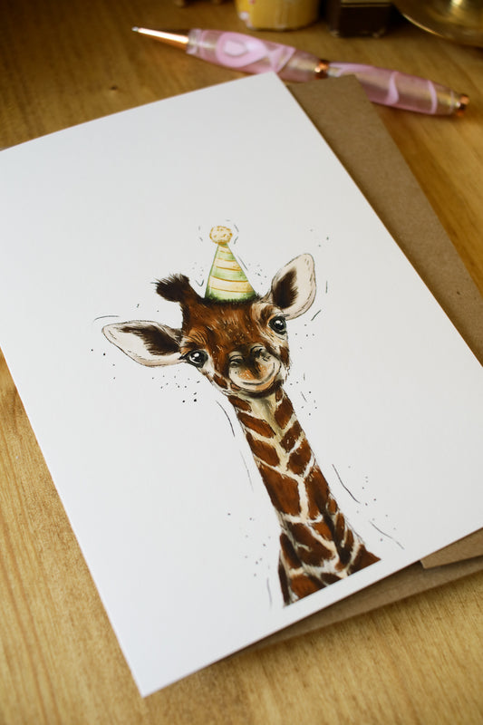 Giraffe Wearing a Birthday Hat - Greeting Card