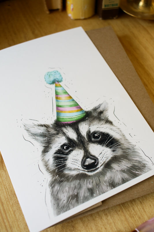 Racoon Wearing a Birthday Hat - Greeting Card