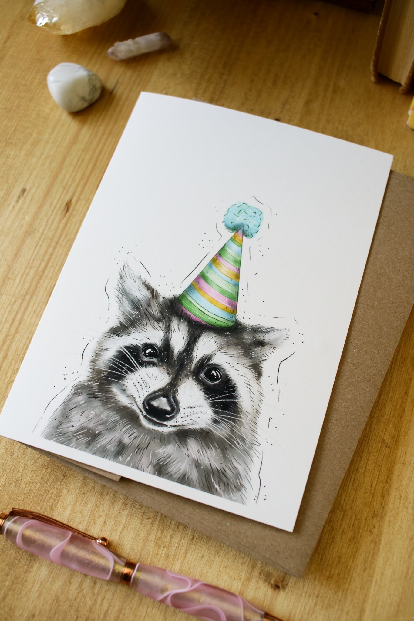 Racoon Wearing a Birthday Hat - Greeting Card