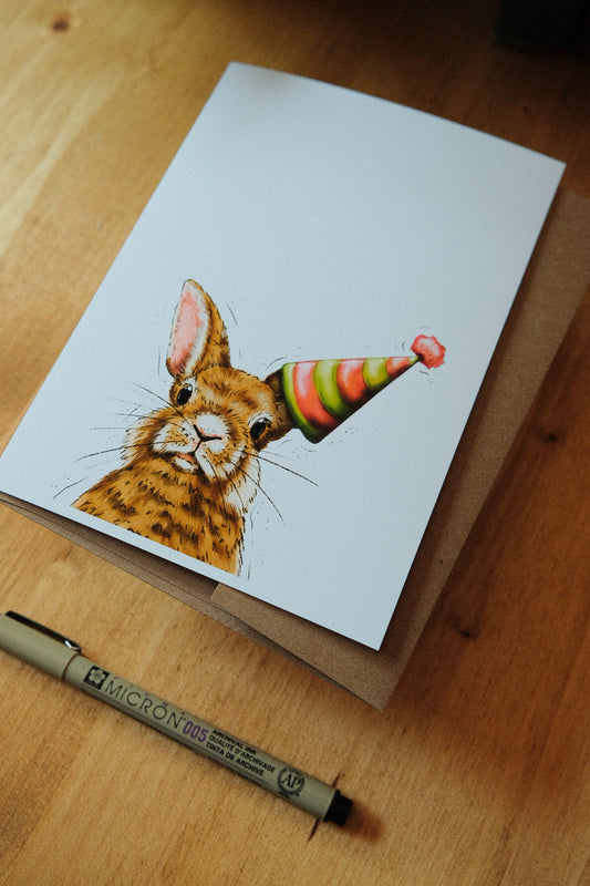 Bunny Wearing a Birthday Hat - Greeting Card