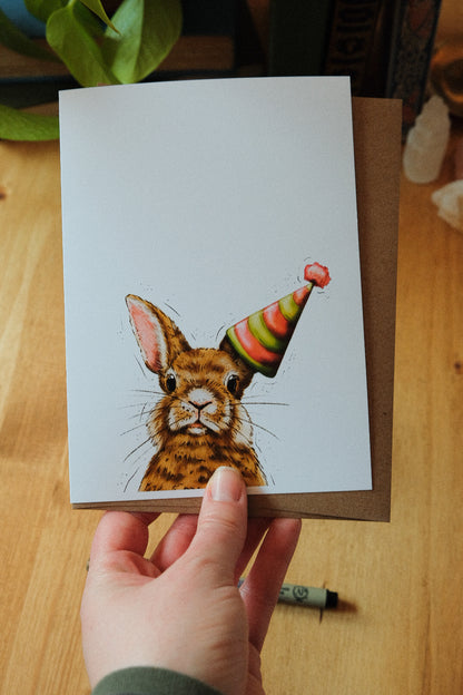 Bunny Wearing a Birthday Hat - Greeting Card