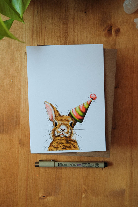 Bunny Wearing a Birthday Hat - Greeting Card