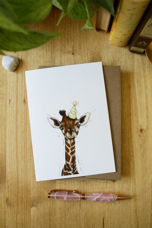 Giraffe Wearing a Birthday Hat - Greeting Card