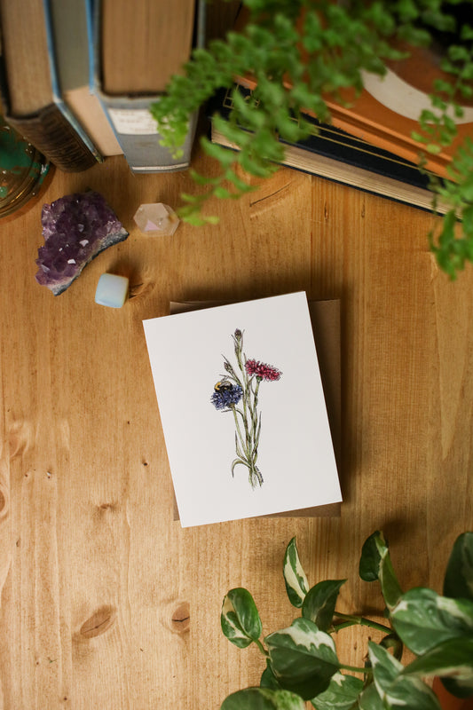 Bachelor Buttons and a Bee - SMALL Greeting Card