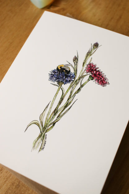 Bachelor Buttons and a Bee - SMALL Greeting Card