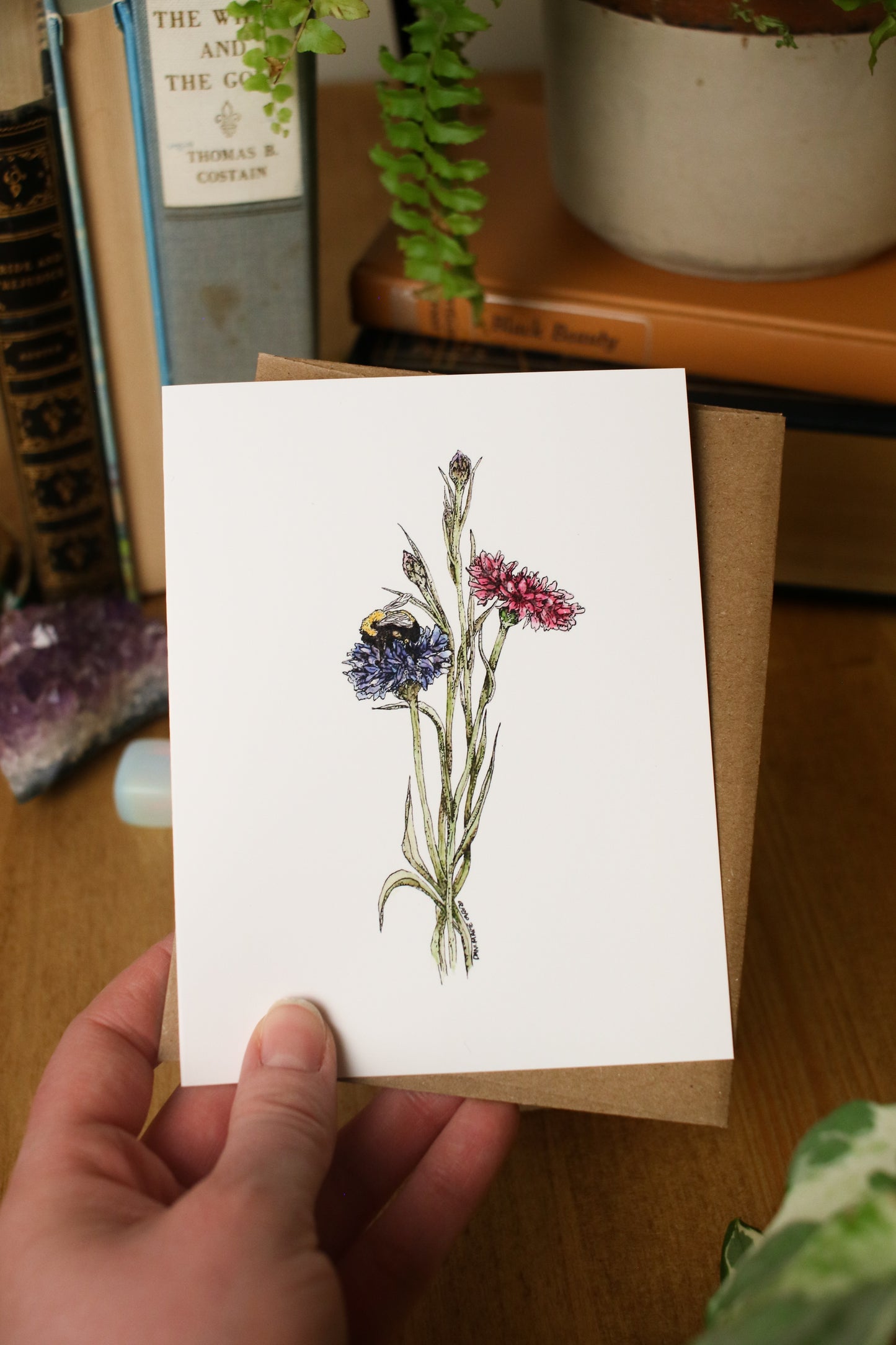 Bachelor Buttons and a Bee - SMALL Greeting Card
